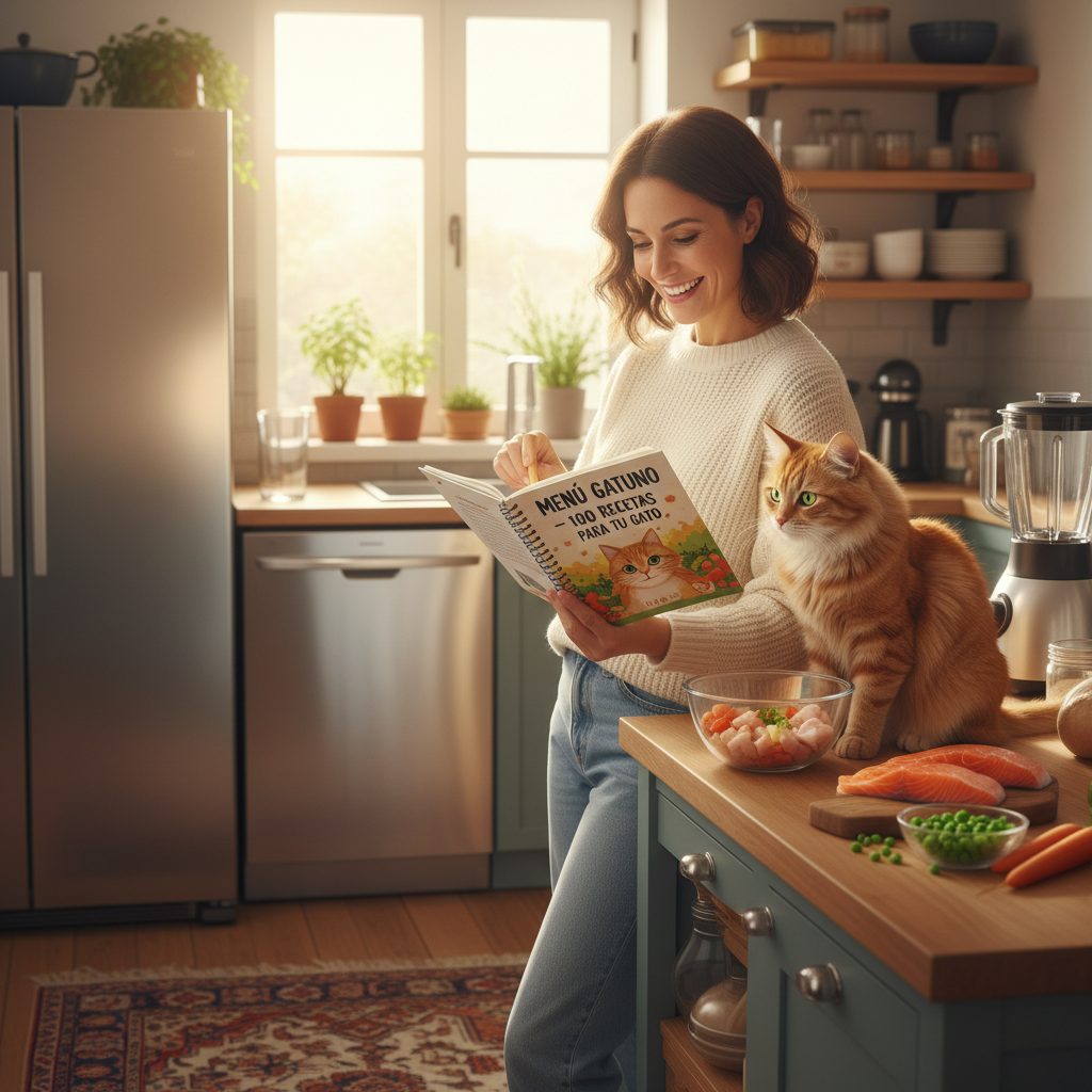 Mujer preparando recetas caseras para su gato